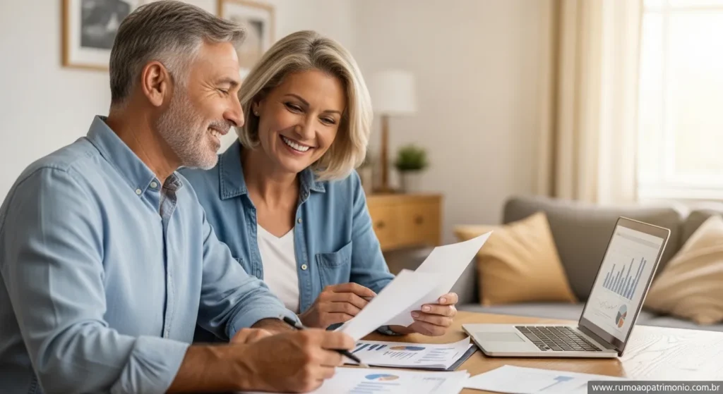 Casal maduro sorrindo e planejando como construir uma aposentadoria segura