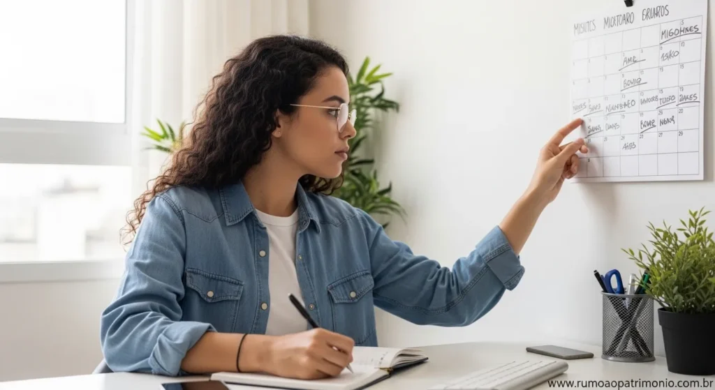 Pessoa jovem organizando calendário e metas para construir uma aposentadoria com antecedência