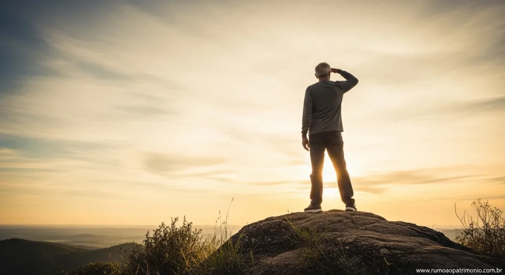 Pessoa corajosa no topo de uma montanha representando conquista financeira
