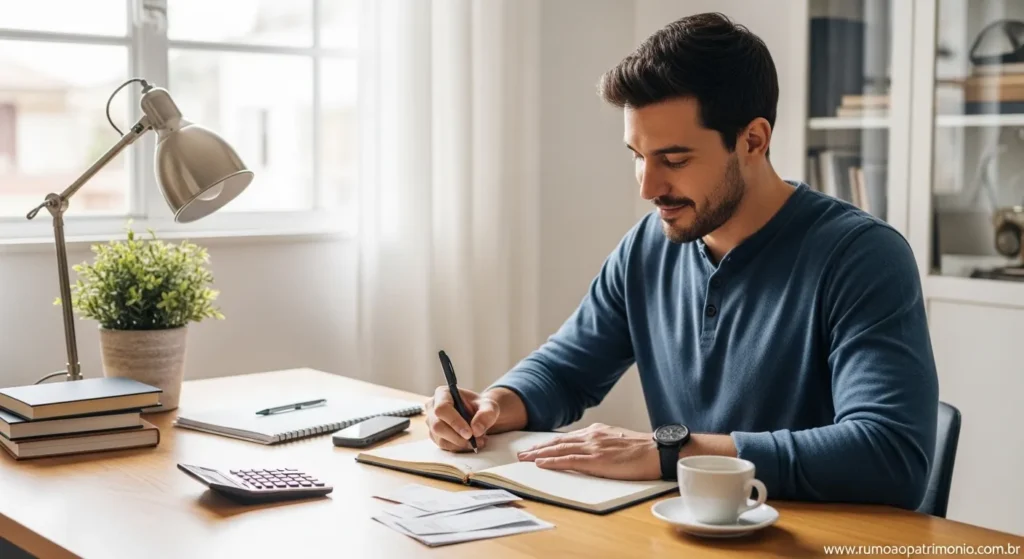 15 Dicas de Organização Financeira Para Sobrar Dinheiro 1 Homem organizando dicas de organização financeira com caderno e calculadora