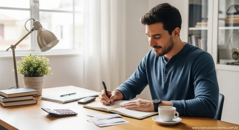 15 Dicas de Organização Financeira Para Sobrar Dinheiro 9 Homem organizando dicas de organização financeira com caderno e calculadora