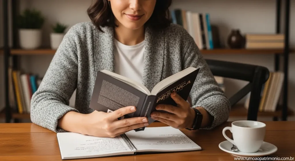 Pessoa lendo livro de educação financeira com bloco de notas — gastar bem traz retorno real