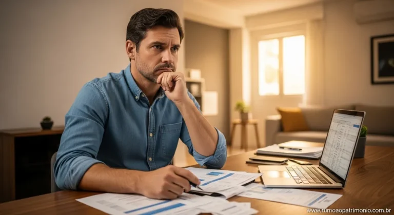 4 comportamentos que causam estagnação financeira (e como sair) 7 Pessoa adulta sentada pensativa diante de papéis financeiros, representando estagnação financeira