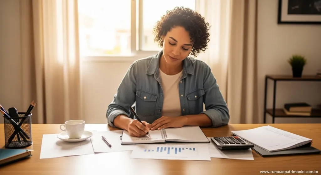 Pessoa focada planejando suas finanças com caderno e calculadora, representando hábitos saudáveis para sair da estagnação financeira
