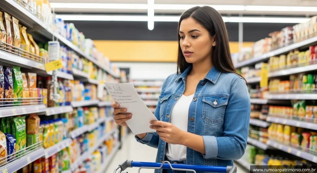15 Dicas de Organização Financeira Para Sobrar Dinheiro 2 Mulher com lista de compras no supermercado economizando dinheiro