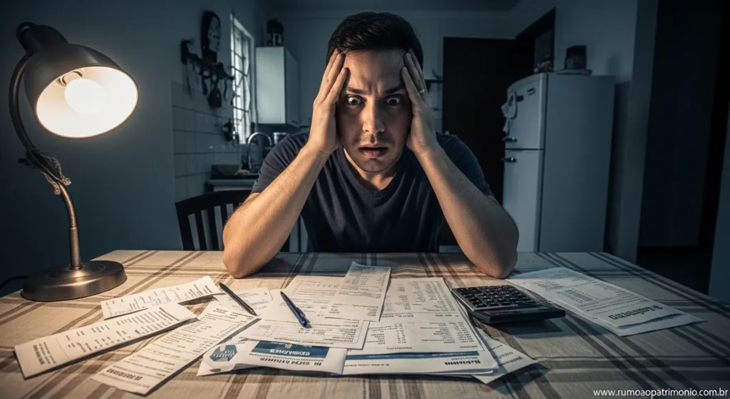 Os 3 Sinais da Mente de Escassez Que Impedem Sua Riqueza 2 Homem com expressão de medo diante de contas e dinheiro simbolizando como o medo impedem sua riqueza