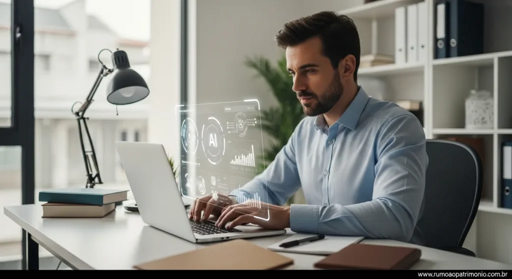 Profissional usando tecnologia e inteligência artificial para acelerar o crescimento financeiro e superar a estagnação