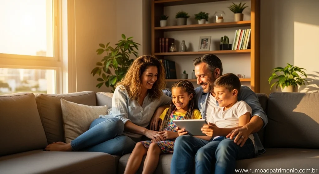 Família tranquila em casa com liberdade financeira e múltiplas fontes de renda