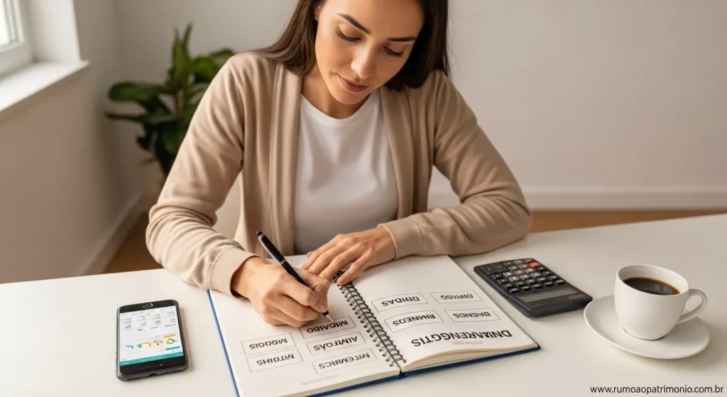 Como Sair das Dívidas e Recuperar Sua Vida Financeira 4 Pessoa organizando orçamento pessoal em caderno — como sair das dívidas com planejamento