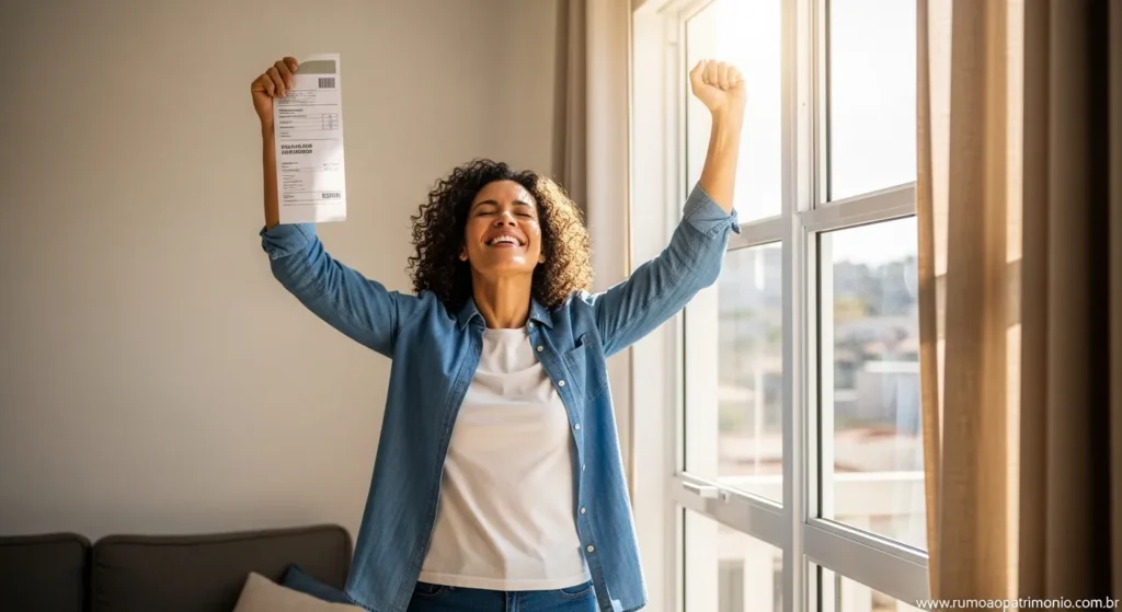 Como Sair das Dívidas e Recuperar Sua Vida Financeira 5 Pessoa comemorando recuperação financeira — resultado de quem aprendeu como sair das dívidas