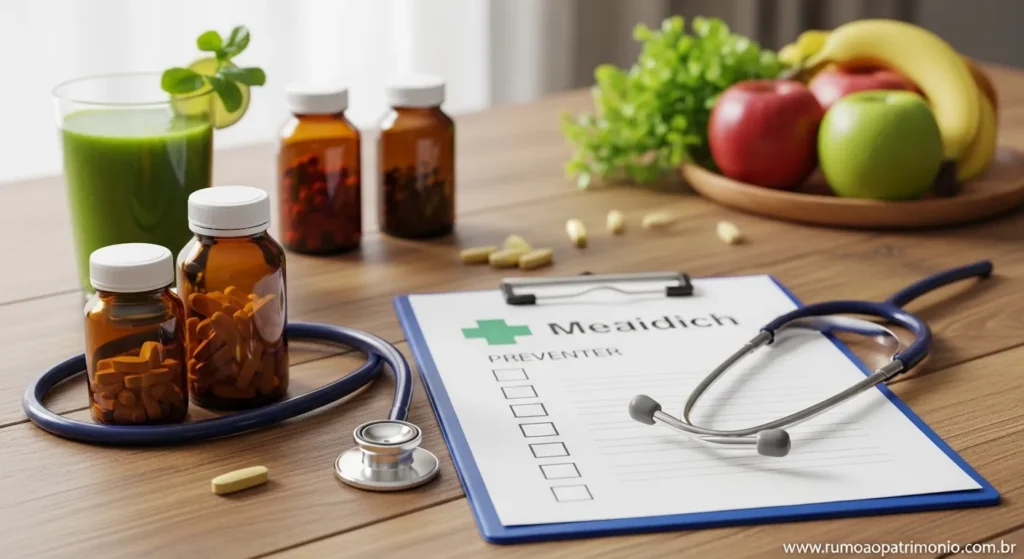 Pessoa organizando suplementos e agenda de check-up — investimento em saúde preventiva