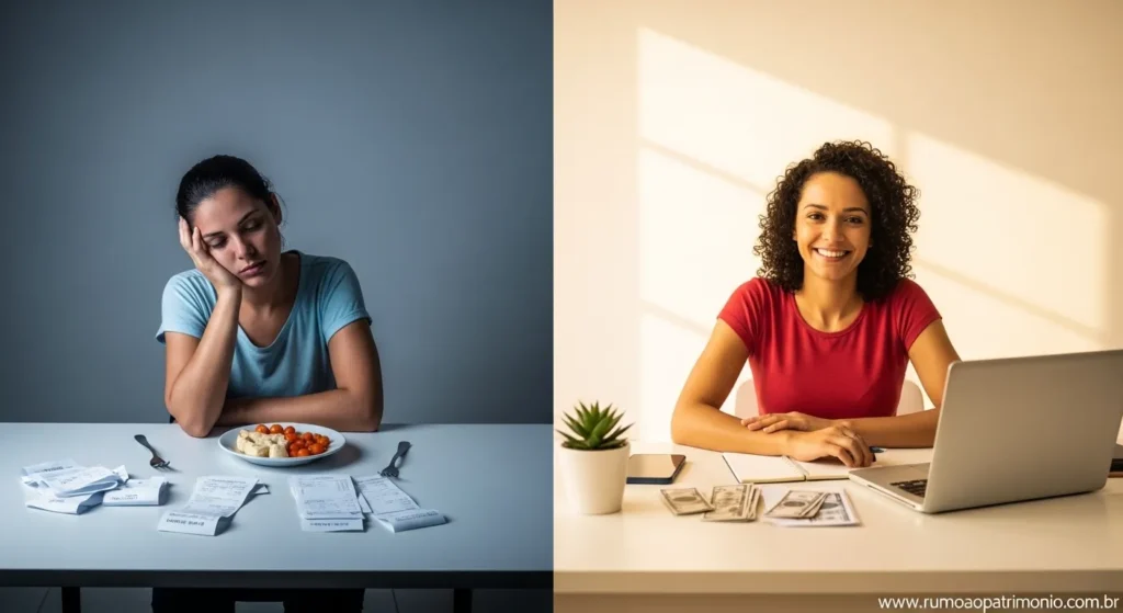 Os 3 Sinais da Mente de Escassez Que Impedem Sua Riqueza 3 Comparação visual entre sobrevivência financeira e prosperidade mostrando os caminhos que impedem sua riqueza