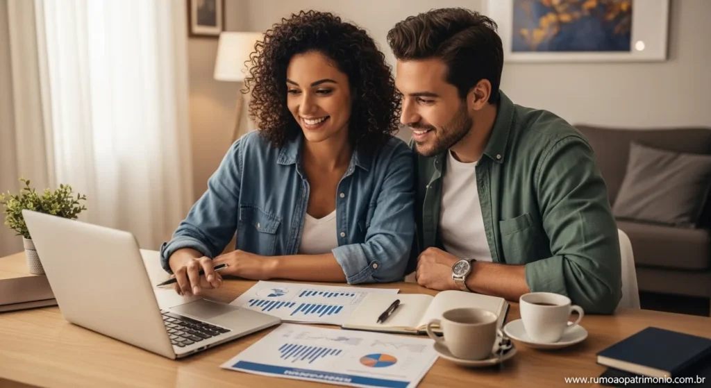 Casal planejando investimentos com foco em hábitos financeiros de longo prazo