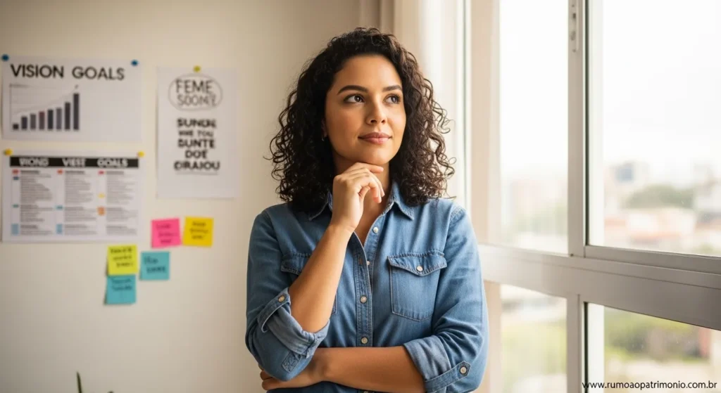 Mulher confiante refletindo sobre mentalidade financeira e prosperidade